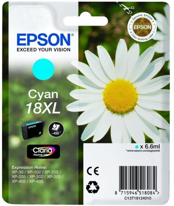 C13T18124022 - EPSON Inkt Cartridge 18XL Cyaan 6,6ml 450vel 1st