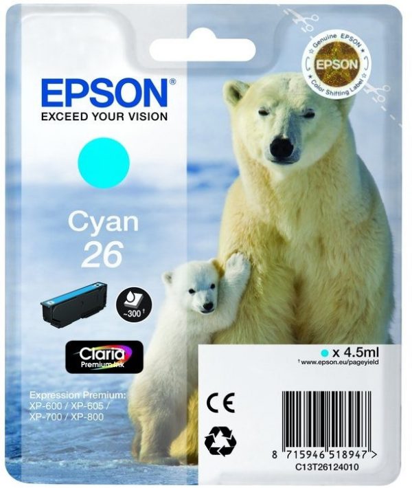 C13T26124022 - EPSON Inkt Cartridge 26 Cyaan 4,5ml 300vel 1st