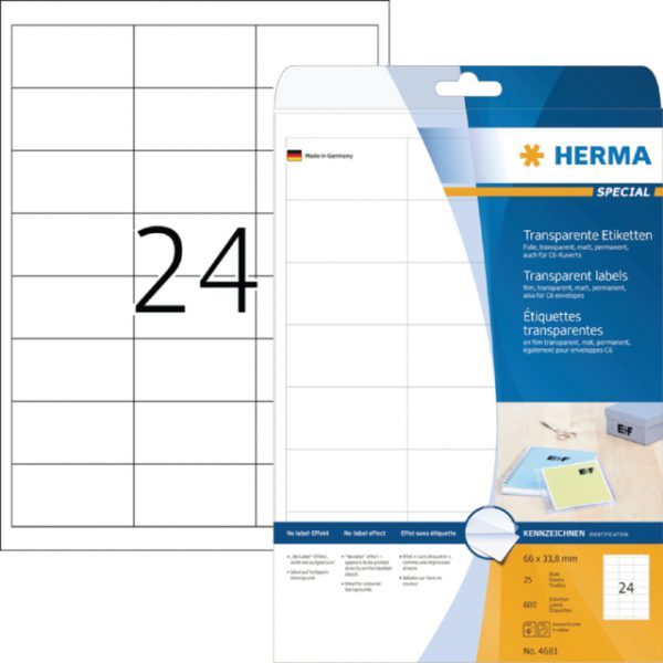 4681 - HERMA Speciaal Etiket Folie SuperPrint 66x33mm 600st Transparant 1 Pak