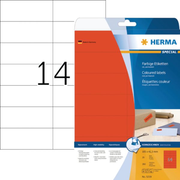 5059 - HERMA Gekleurde Etiketten Signalering 105x42.3mm 280st Rood 1 Pak