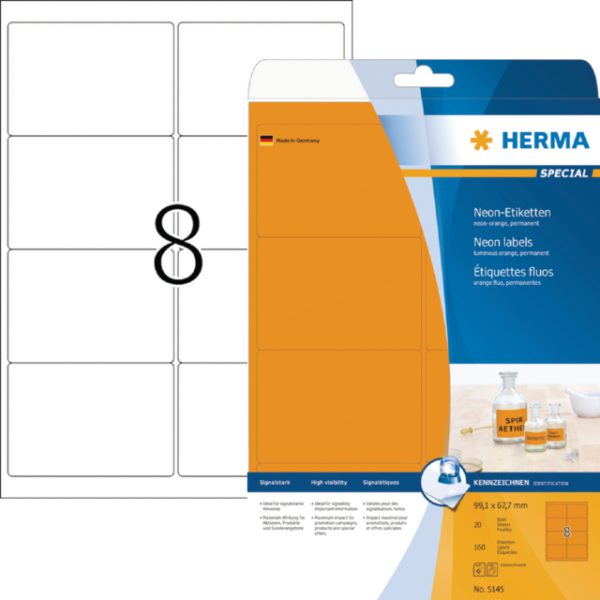 5145 - HERMA Gekleurde Etiketten Signalering 99.1x67.7mm 160st Fluor Oranje 1 Pak