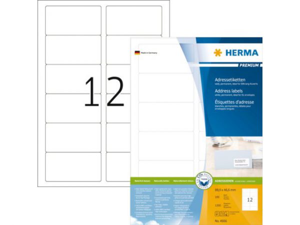 4666 - HERMA Speciaal Etiket Premium no:4666 88.9x46.6mm 1.200st Wit 1 Pak