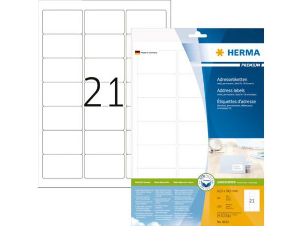 8632 - HERMA Etiket Premium no:8632 63.5x38.1mm 210st Wit 1 Pak