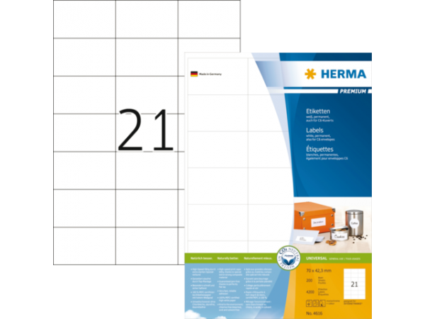 13HER4616 - HERMA Etiket Premium no:4616 70x42.3mm 4.200st Wit 1 Pak