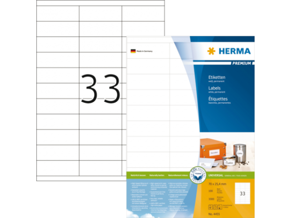 13HER4455 - HERMA Etiket Premium no:4455 70x25,4mm 3.300st Wit 1 Pak