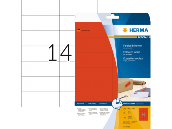 5059 - HERMA Gekleurde Etiketten Signalering 105x42.3mm 280st Rood 1 Pak