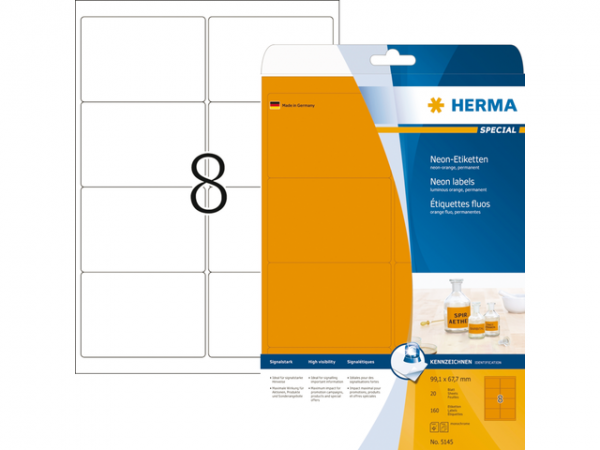 5145 - HERMA Gekleurde Etiketten Signalering 99.1x67.7mm 160st Fluor Oranje 1 Pak