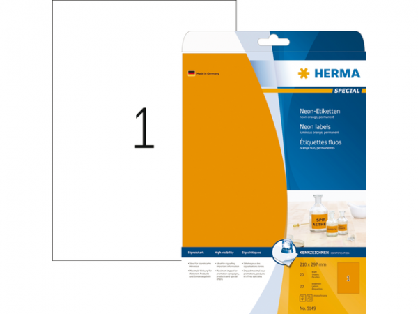 5149 - HERMA Gekleurde Etiketten Signalering 210x297mm 20st Fluor Oranje 1 Pak