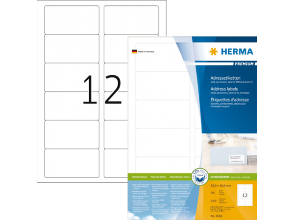 4666 - HERMA Speciaal Etiket Premium no:4666 88.9x46.6mm 1.200st Wit 1 Pak