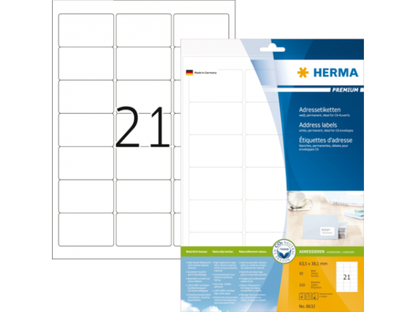 8632 - HERMA Etiket Premium no:8632 63.5x38.1mm 210st Wit 1 Pak