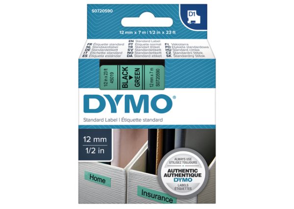 S0720590 - DYMO Lettertape D1 12mm 7m Groen Zwart Polyester 45019