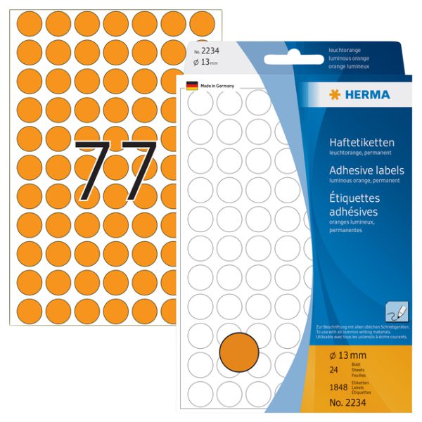 2234 - HERMA Gekleurde Etiketten Schrijfpapier Ø13mm 2.464st Fluor Oranje 1 Pak