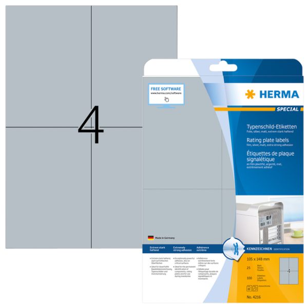 4216 - HERMA Speciaal Etiket Typeplaatje no:4216 105x148mm 100st Zilver 1 Pak