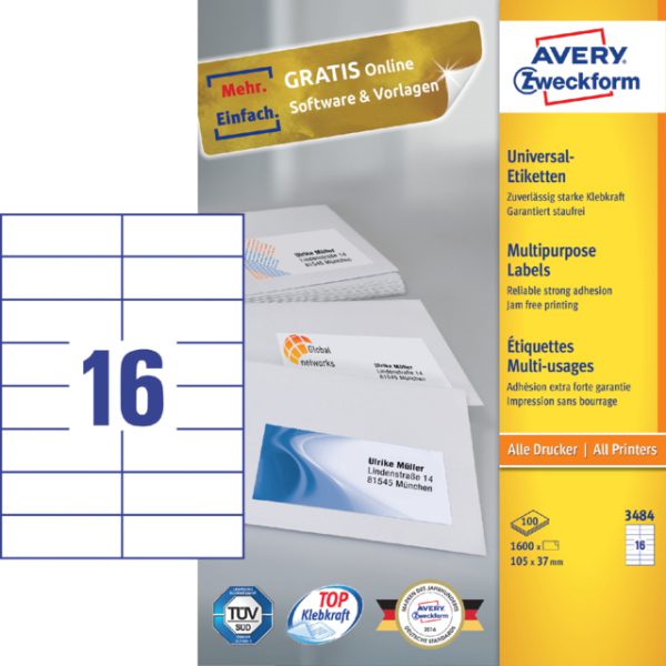 3484 - Avery Universal Etiket Papier Zweckform no:3484 105x37mm 1.600st Wit