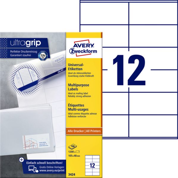 3424 - Avery Universal Etiket Zweckform no:3424 105x48mm 1.200st Wit