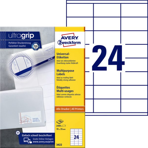 3422 - Avery Universal Etiket Zweckform no:3422 70x35mm 2.400st Wit