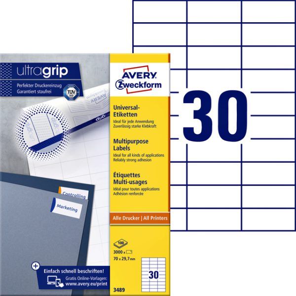 3489 - Avery Universal Etiket Zweckform 70x29.7mm 3.000st Wit