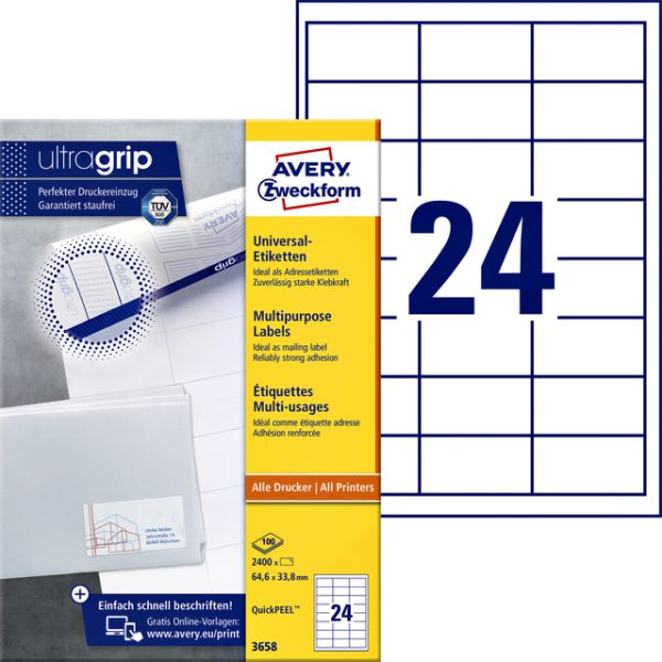 3658 - Avery Universal Etiket Zweckform 64.6x33.8mm 2.400st Wit