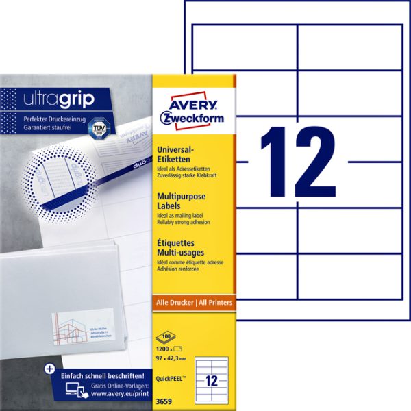 3659 - Avery Universal Etiket Zweckform 97x42.3mm 1.200st Wit