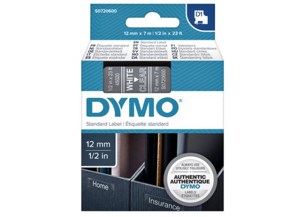 S0720600 - DYMO Lettertape D1 12mm 7m Transparant Wit 45020