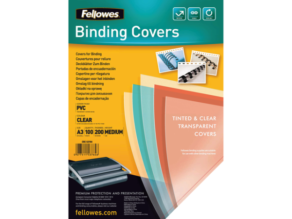 53764 - FELLOWES Inbindomslag PVC A3 200Mµ 100vel Transparant 1st