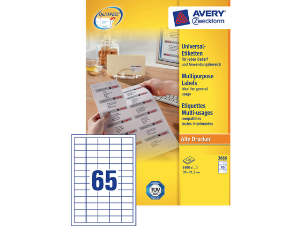 3666 - Avery Universal Etiket Zweckform 38x21.2mm 6.500st Wit