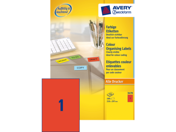 3470 - Avery Gekleurde Etiketten Zweckform 210x297mm 100st Rood