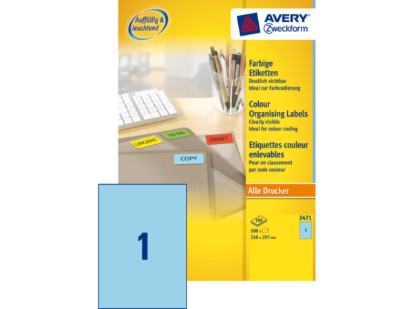 3471 - Avery Gekleurde Etiketten Zweckform no:3471 210x297mm 100st Blauw