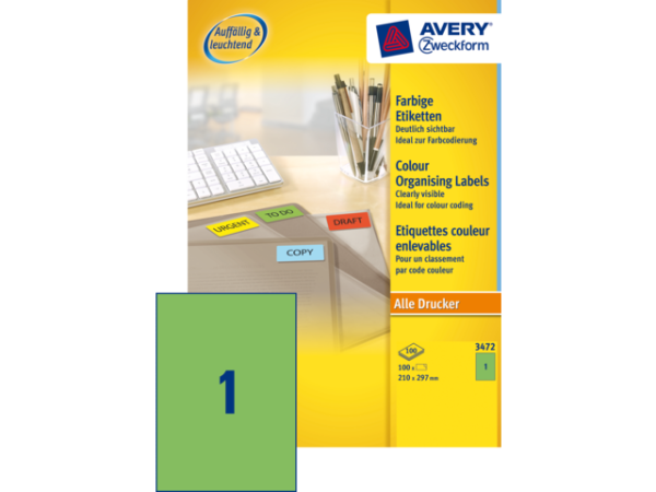 3472 - Avery Gekleurde Etiketten Zweckform no:3472 210x297mm 100st Groen