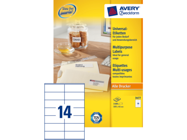 3477 - Avery Universal Etiket Zweckform 105x41mm 1.400st Wit