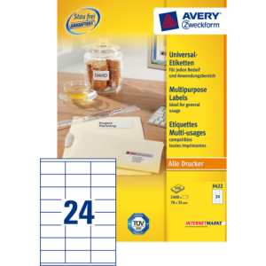 3422 - Avery Universal Etiket Zweckform no:3422 70x35mm 2.400st Wit