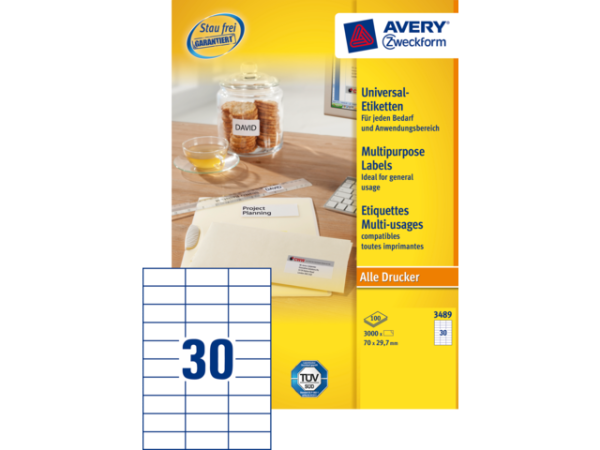 3489 - Avery Universal Etiket Zweckform 70x29.7mm 3.000st Wit