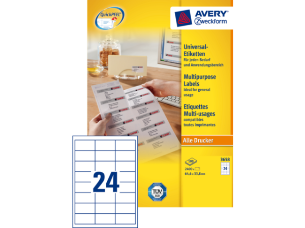 3658 - Avery Universal Etiket Zweckform 64.6x33.8mm 2.400st Wit