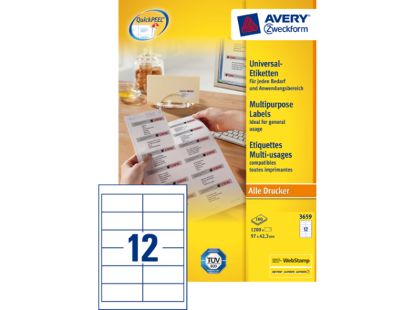 3659 - Avery Universal Etiket Zweckform 97x42.3mm 1.200st Wit