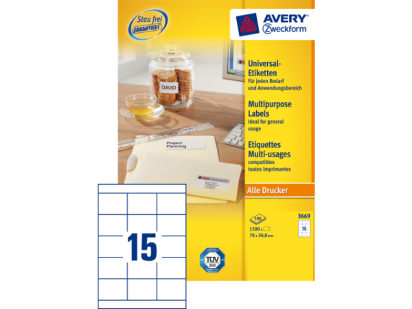 3669 - Avery Universal Etiket Zweckform 70x50.8mm 1.500st Wit