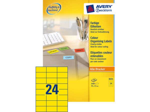 3451 - Avery Gekleurde Etiketten Zweckform 70x37mm 2.400st Geel