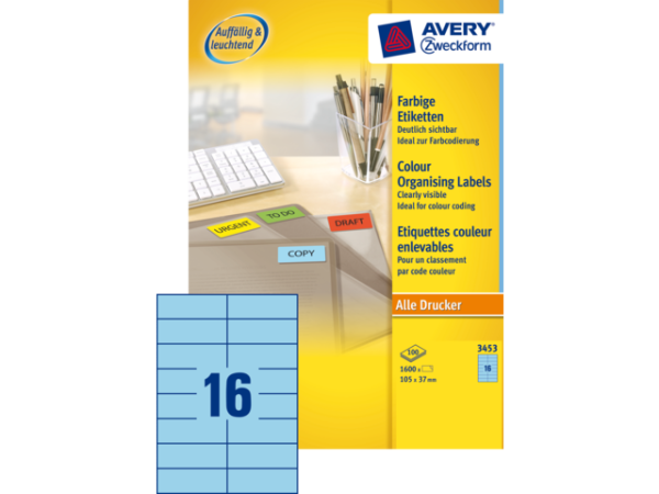 3453 - Avery Gekleurde Etiketten Zweckform 70x37mm 1.600st Blauw