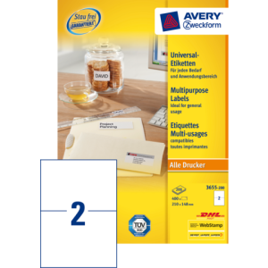 3655-200 - Avery Universal Etiket Zweckform no:3655-200 210x148mm 400st Wit