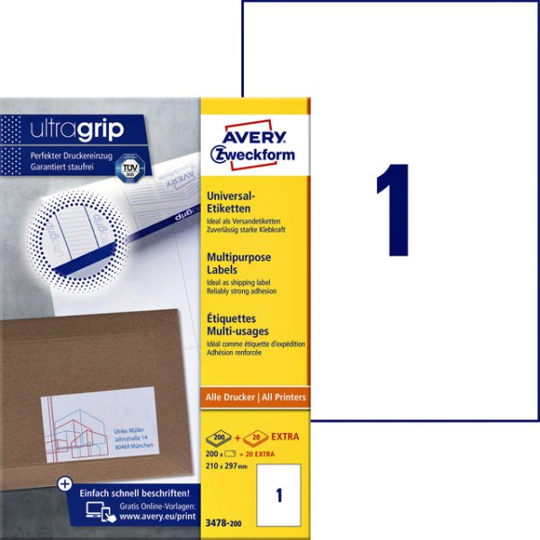 3478-200 - Avery Universal Etiket Zweckform no:3478 210x297mm 200st Wit