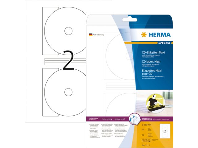 HERMA CD/DVD Etiket Papier Special Ø116mm Wit 50st 1 Pak