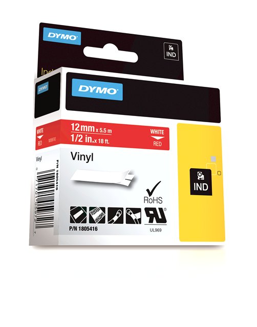 1805416 - DYMO Lettertape RHINO 12mm 5,5m Rood Wit Vinyl