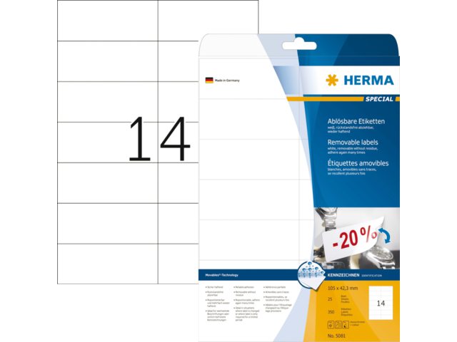 HERMA Speciaal Etiket Verwijderbaar 105x42.3mm Wit 350st 1 Pak