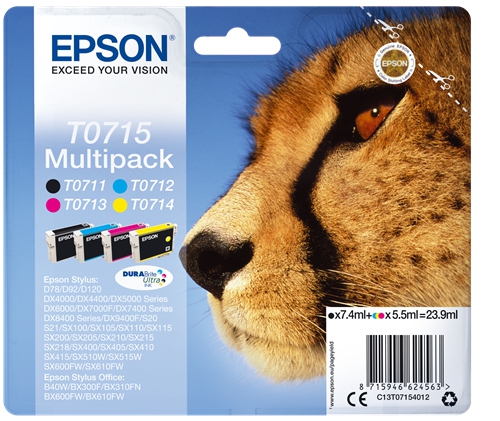 Epson t0715 inktcartridge zwart en drie kleuren standard capacity zwart: 7.4ml, kleur: 3 x 5.5ml 4-p