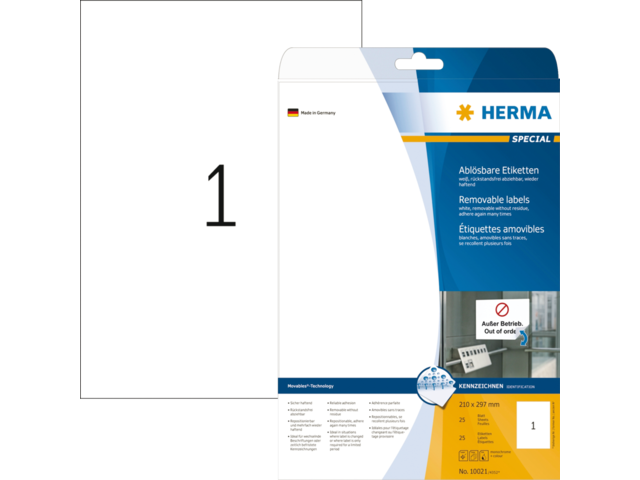 Herma Speciaal Etiket Verwijderbaar no:10021 210x297mm Wit 25st 1 Pak