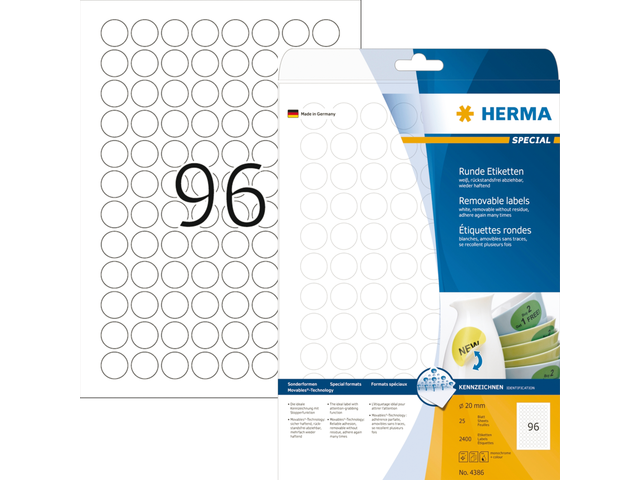 HERMA Speciaal Etiket Verwijderbaar Ø20mm Wit 2.400st 1 Pak