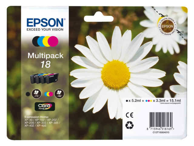 EPSON Inkt Cartridge 18 Black & Yellow & Magenta & Cyaan 15,1ml Multipack