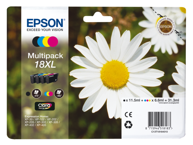 EPSON Inkt Cartridge 18XL Black & Yellow & Magenta & Cyaan 31,3ml Multipack