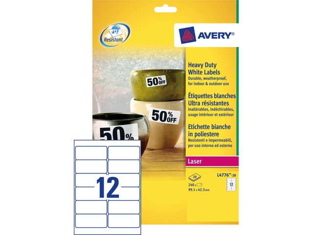 L4776-20 - Avery Etiket Polyester L4776 99.1x42.3mm 240st Wit 1 Pak