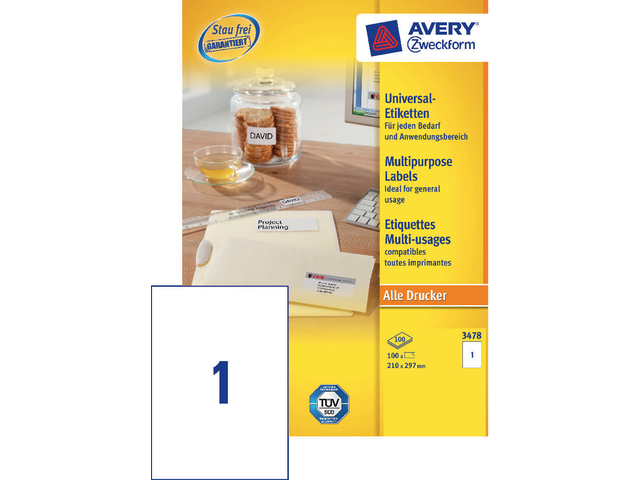 3478 - Avery Universal Etiket Zweckform no:3478 210x297mm 100st Wit