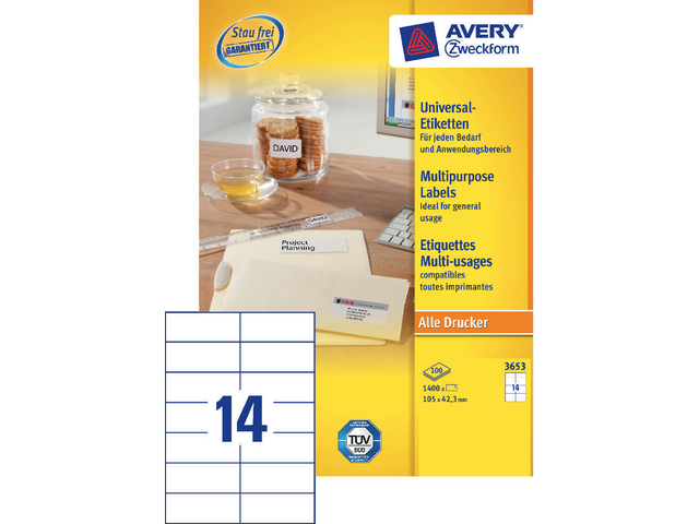 3653 - Avery Universal Etiket Zweckform no:3653 105x42.3mm 1.400st Wit